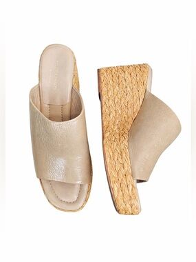 Paloma Barcelo Lipo Raffia Platform Wedge Sandals 40 Leather Slides Neutral